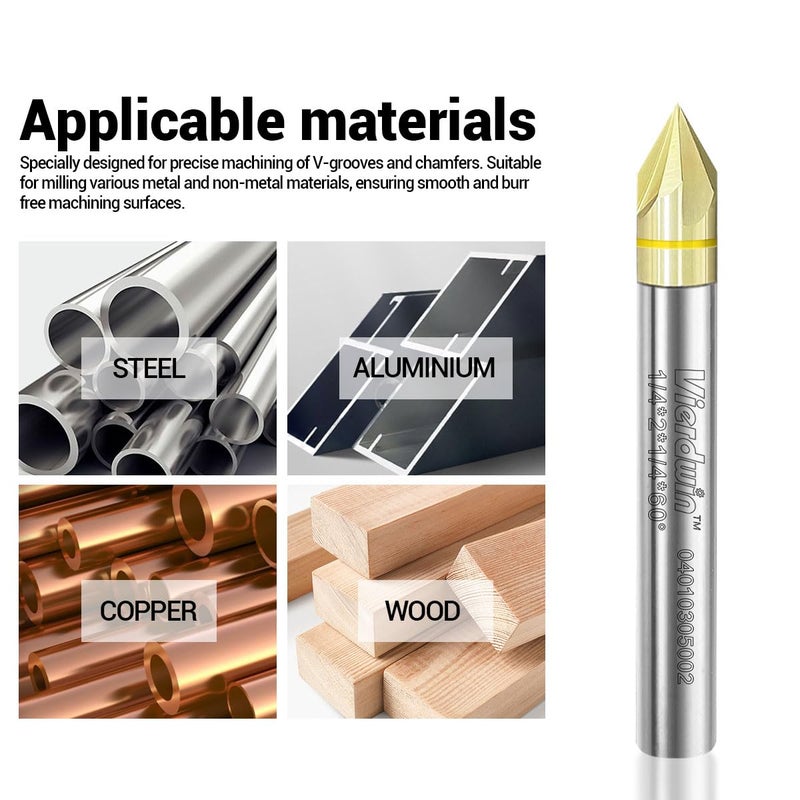 VIERDWIN Chamfer Router Bits 90° V Groove 3-Flute CNC Router Bit, 1/4 Inch Shank Carbide Bit for Engraving & Chamfering, Ideal for Aluminum Copper Plastic Wood (1PC) - Image 4